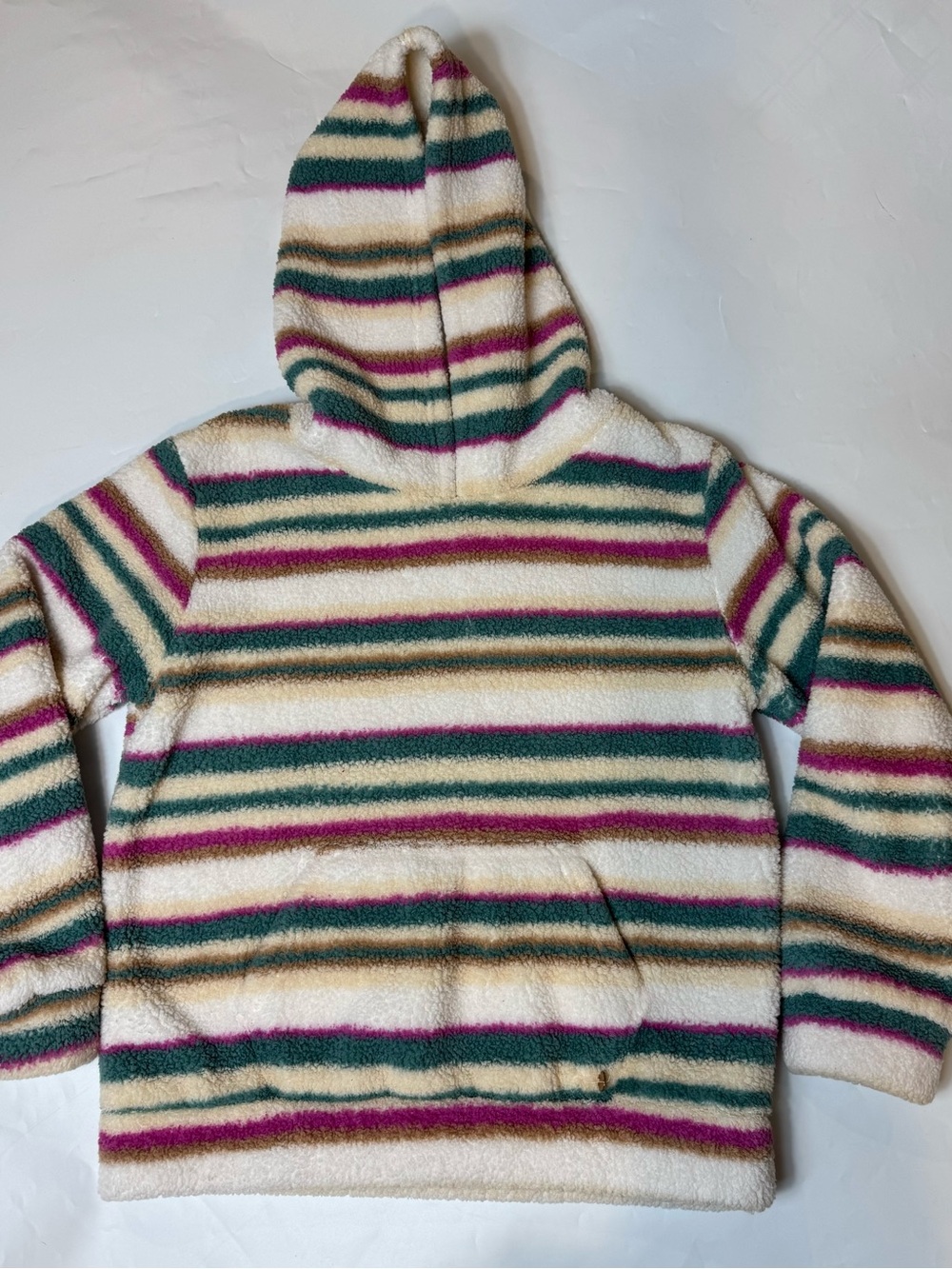 Roxy Cream Fuzzy Hoodie with Teal, Pink & Tan Stripes